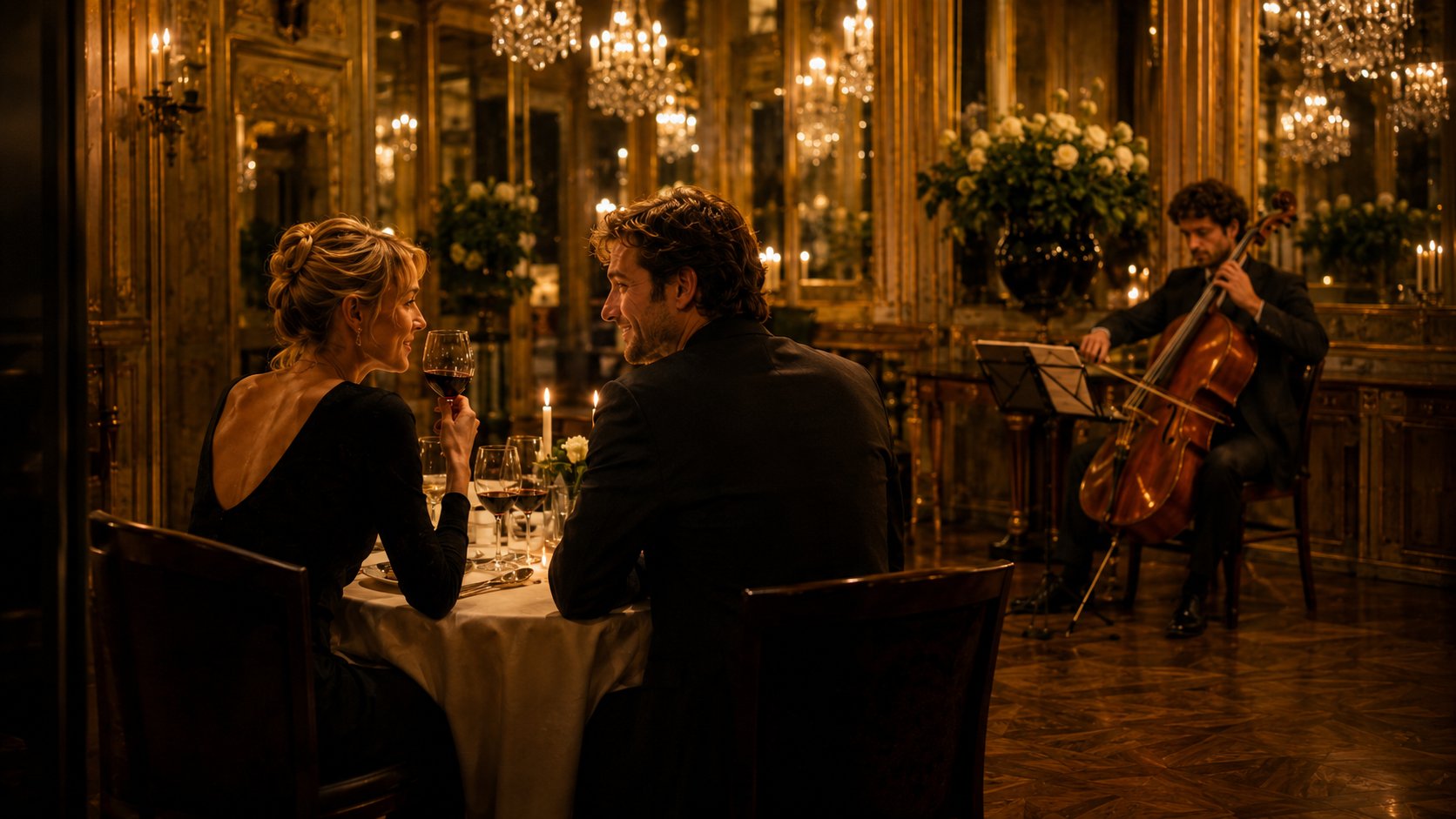 A candlelit dinner for two with a cellist performing in a gilded mirrored salon — intimate occasion design