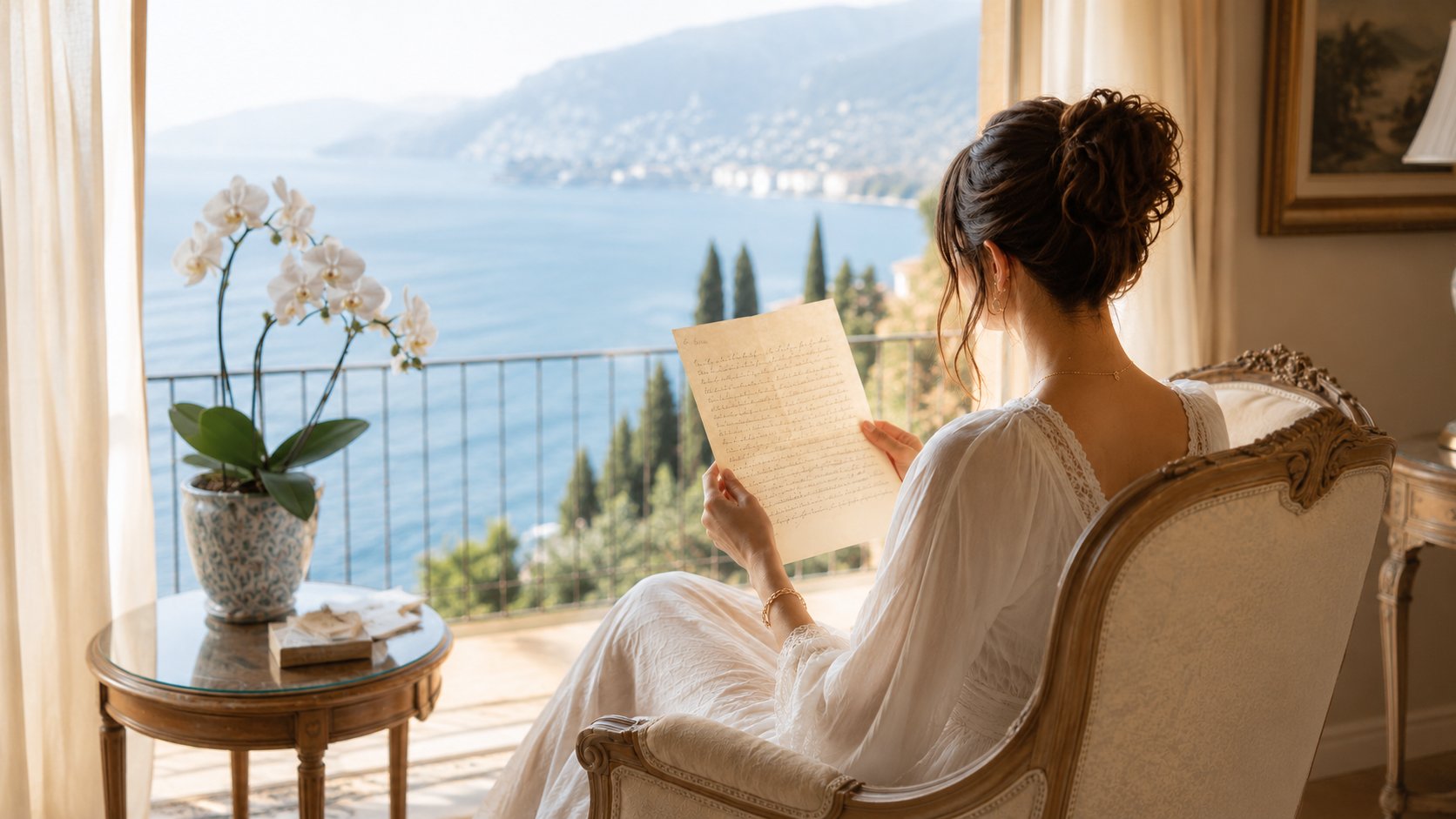 A woman reading a handwritten letter by a sun-drenched window overlooking the sea