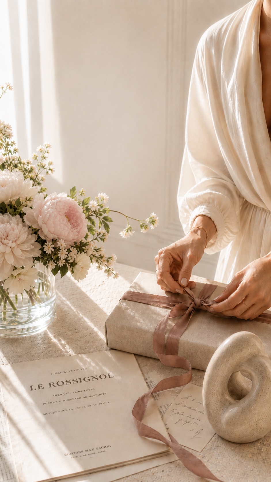 Hands tying a satin ribbon on a wrapped gift beside peonies and a Le Rossignol opera score